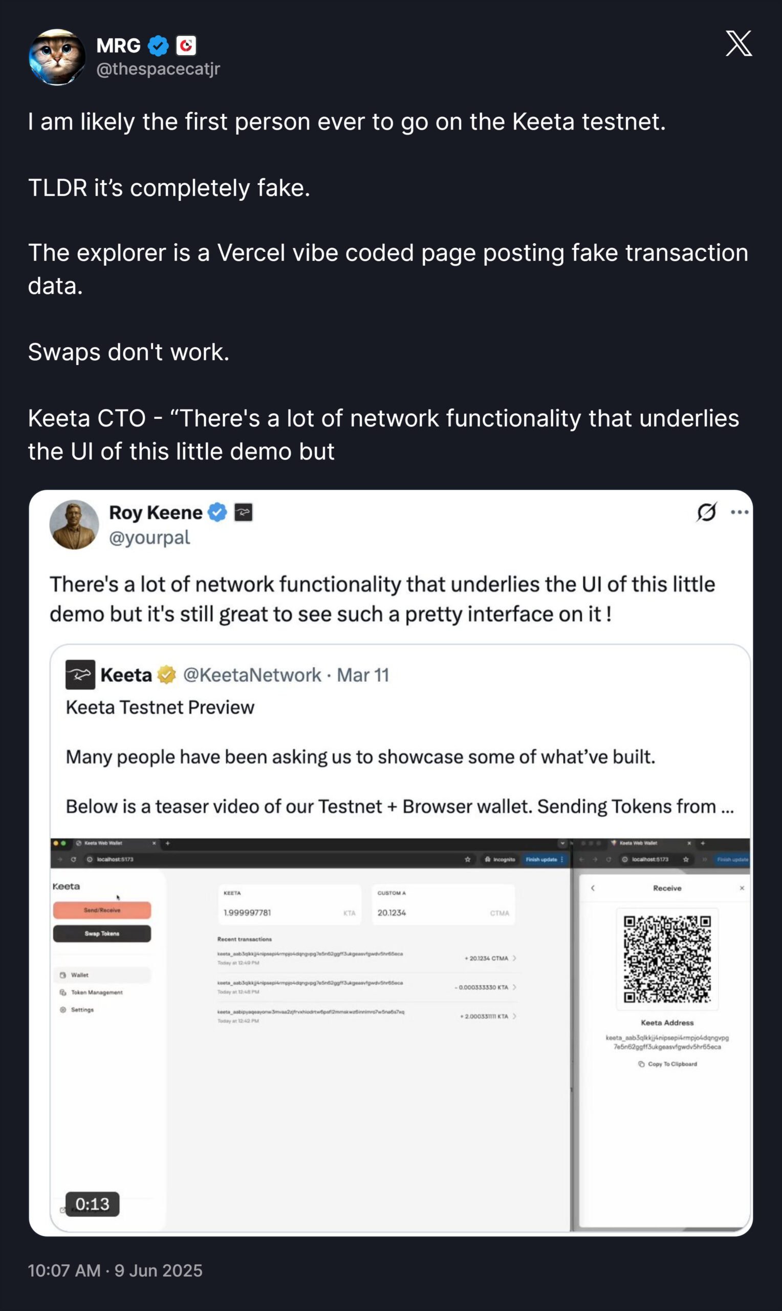 Michael Ruzic tweet on keeta network