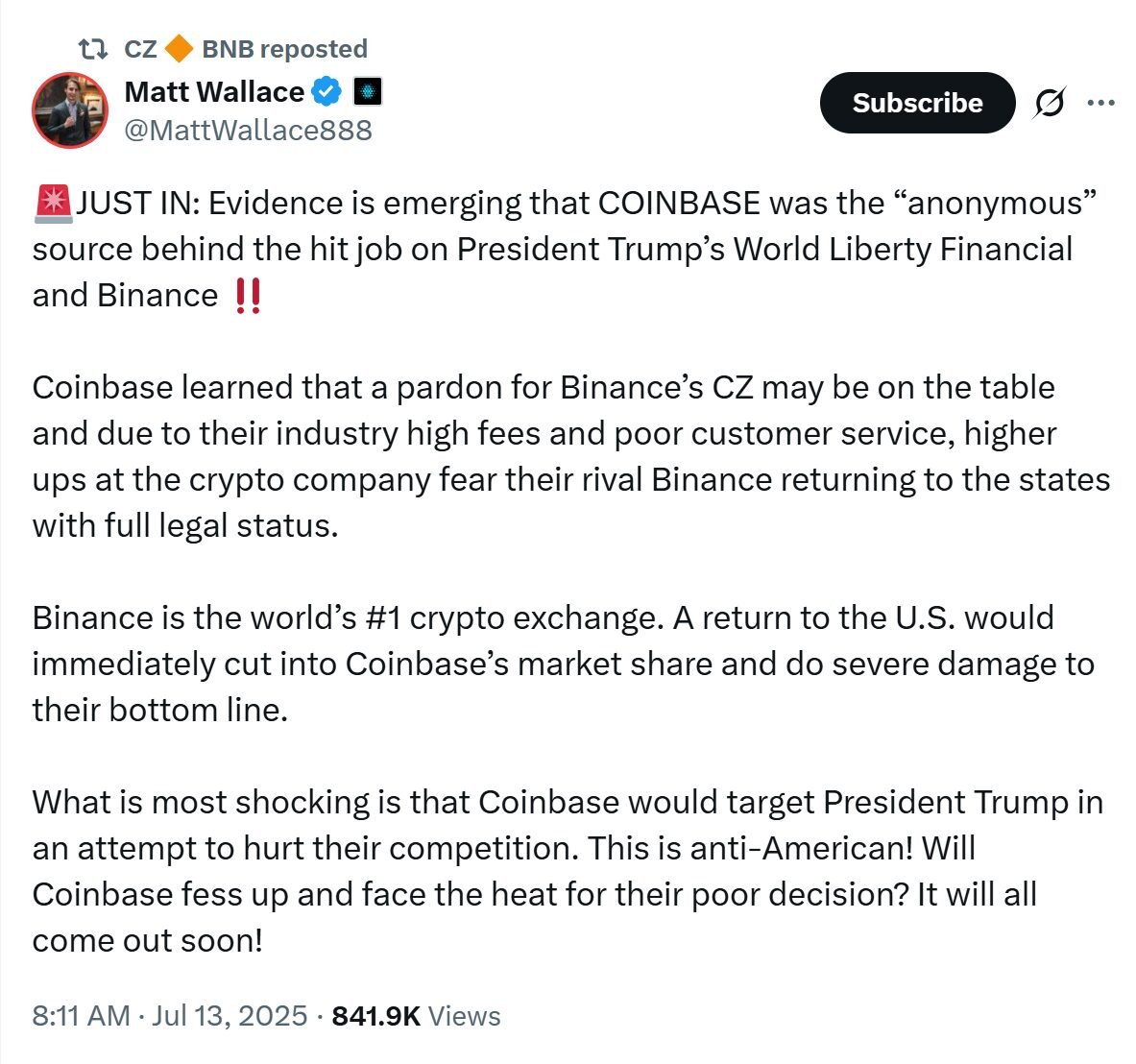 CZ Coinbase Trump