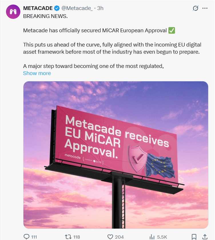 Metacade Achieves MiCA Compliance